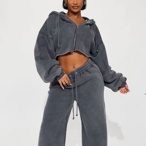 Fashion Nova Charcoal Cropped Zip Hoodie & Wide-Leg Sweatpants Set